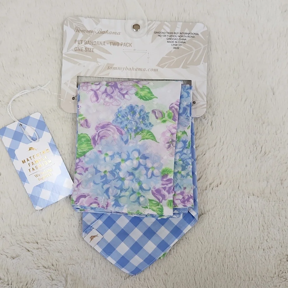 NEW Tommy Bahama Pet Dog Bandana Scarf Set Two-Pack Floral and Gingham Blue